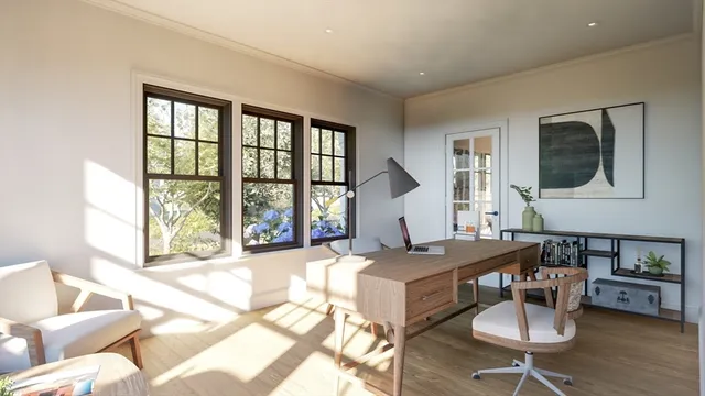 an aerial view of a house with a garden