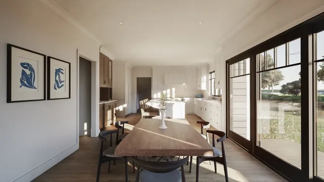 a view of a dining room with furniture large window and wooden floor
