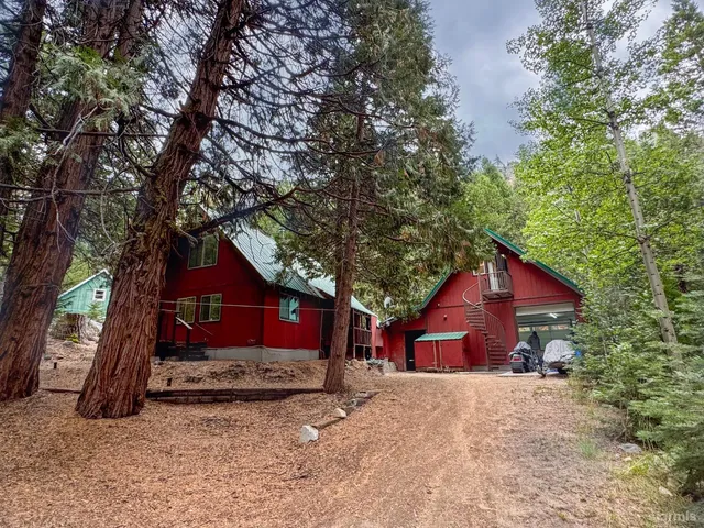 a view of a house with a yard tree and a tree