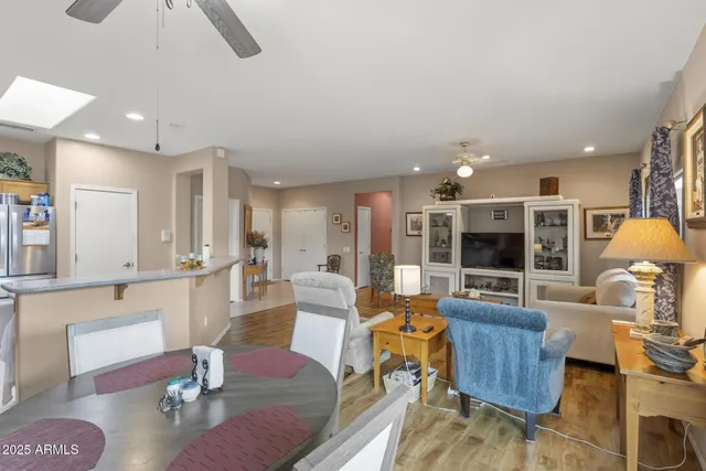 a view of a dining room with furniture window and outside view