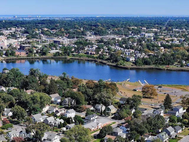 an aerial view of a houses with a lake