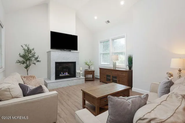 a living room with furniture and a fireplace