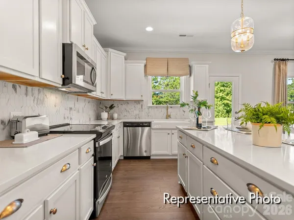 a kitchen with a sink dishwasher a stove a microwave oven and potted plant