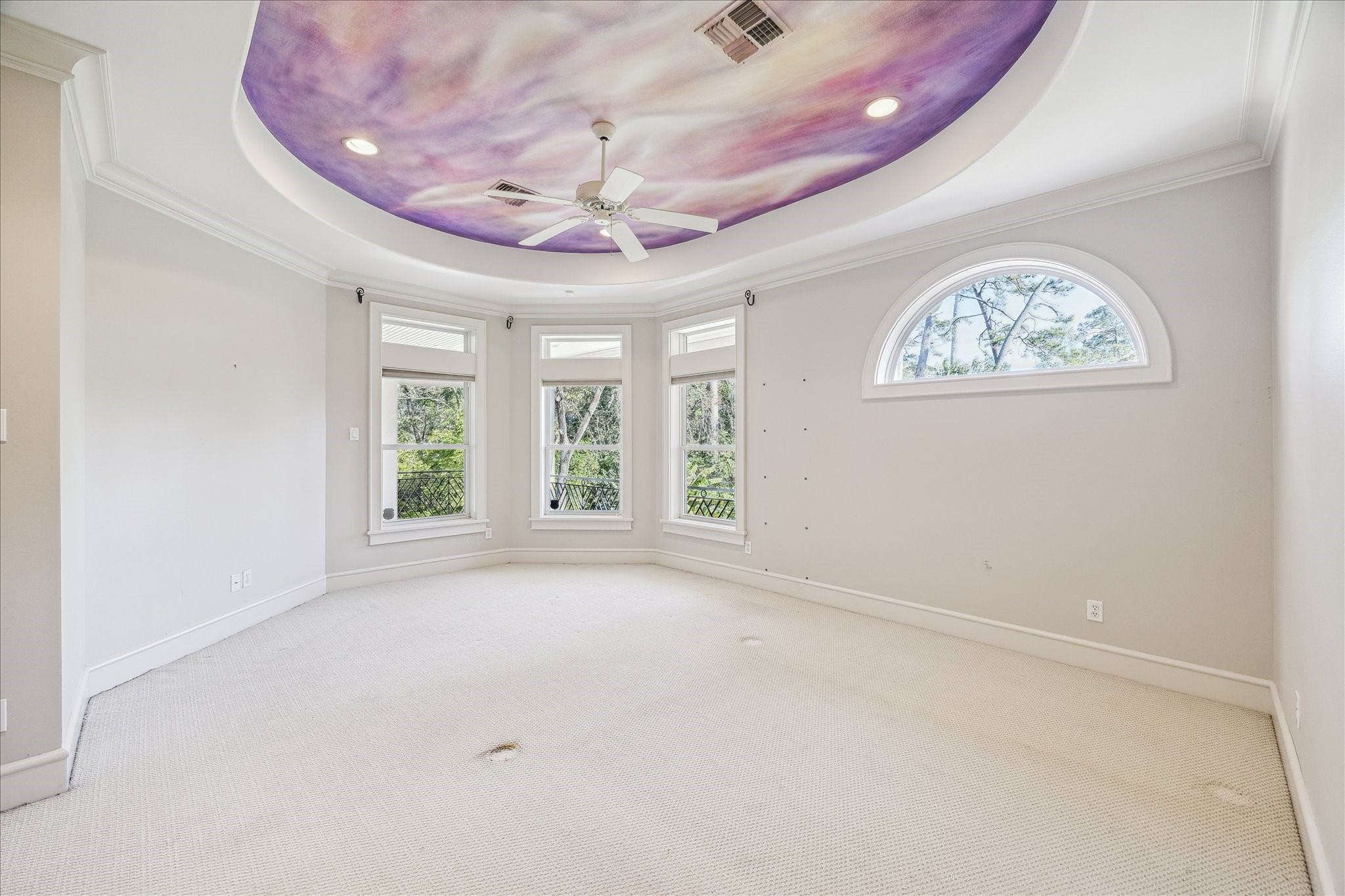 608 Little John Lane Houston, TX 77024 - Photo 40 of 46 Guest Bedroom No. 4 features windows with serene views of the backyard and eastern exposure, a tray ceiling with custom mural, and crown molding for added elegance. A built-in desk with upper shelving and lower drawers, ceiling fan, and recessed lighting create a functional and inviting space. The spacious walk-in closet offers dual hanging levels, long-hanging sections, open shelving, and a bank of drawers for ample storage.