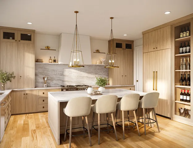 a large kitchen with kitchen island a dining table chairs and white cabinets