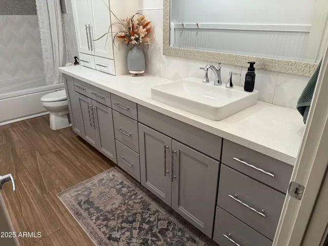 a bathroom with a sink a toilet and shower