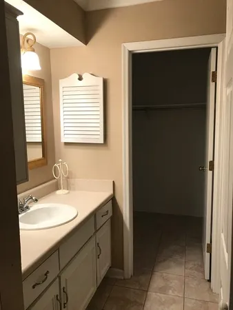 a bathroom with a sink a mirror and a shower