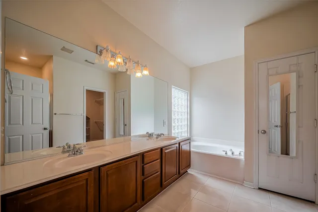 a bathroom with a double vanity sink a large mirror and a bathtub
