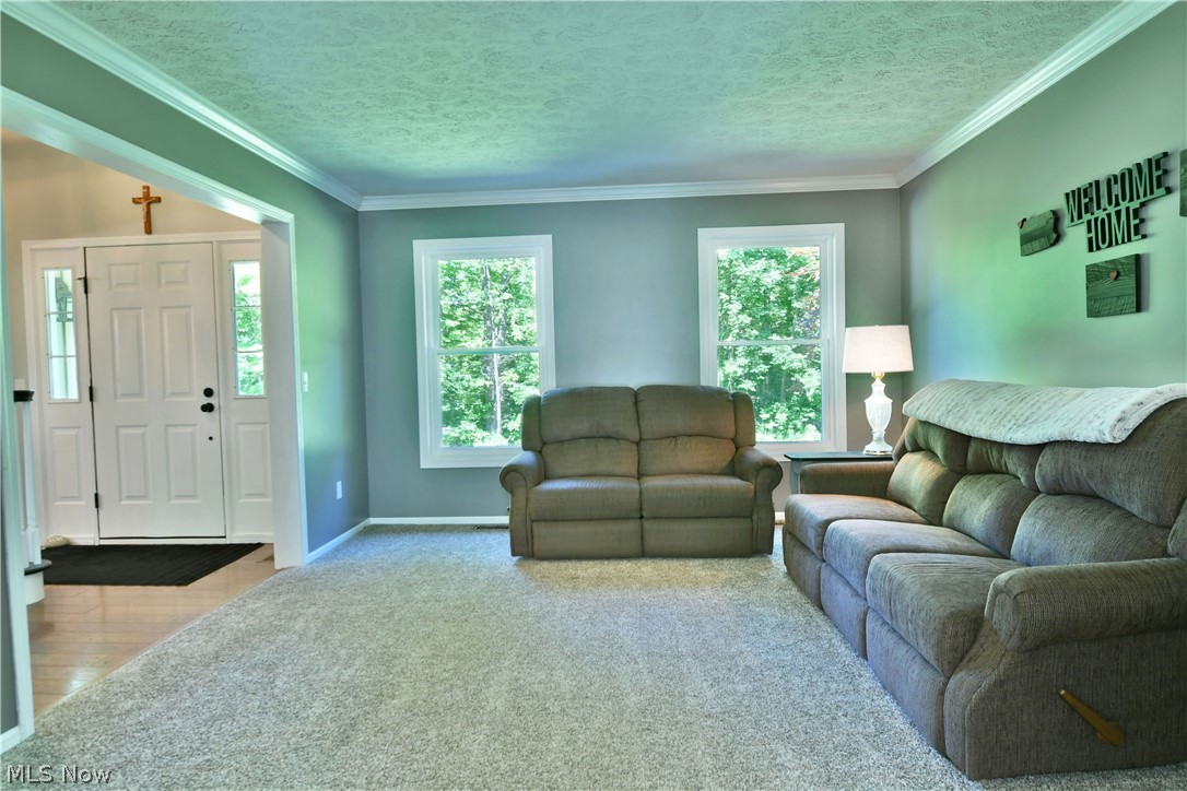 13491 Woodin Road Chardon, OH 44024 - Photo 10 of 35 Living room with a healthy amount of sunlight, a textured ceiling, and wood-type flooring