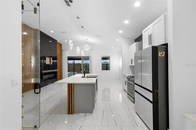 a view of a room that has a window in it