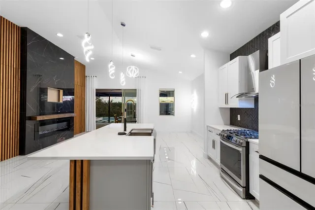 a view of a dining room with furniture