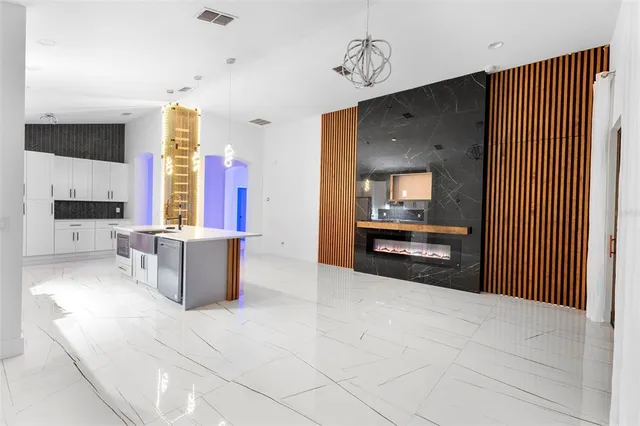 a living room with furniture and a table