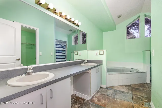 a bathroom with a sink a large mirror and a bathtub