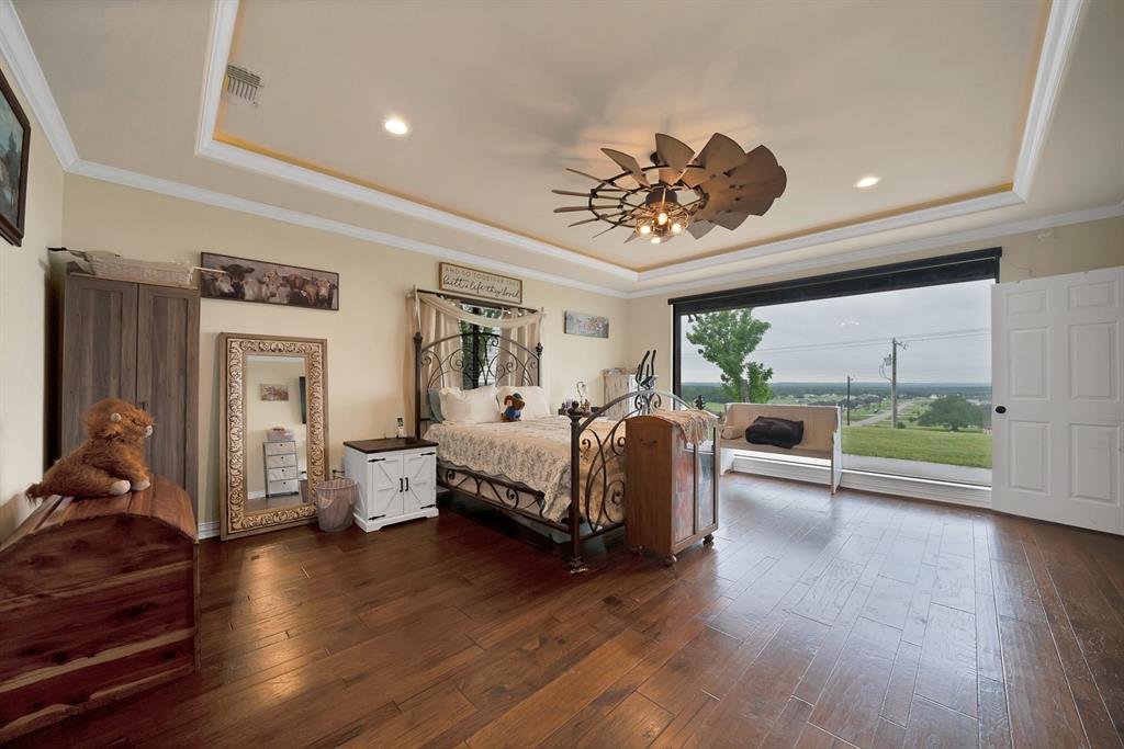 100 Shadle Ridge Court Poolville, TX 76487 - Photo 17 of 40 Hardwood-finish flooring featuring a tray ceiling with recessed lighting and a decorative ceiling fan