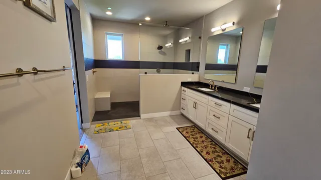 a bathroom with a sink a mirror and a shower