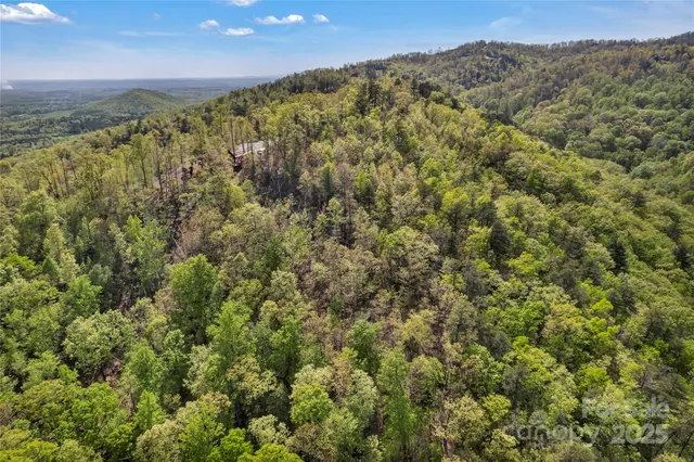 an aerial view of a houses with a lush green hillside
