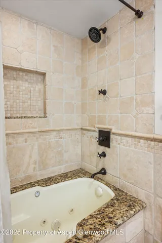 a bathroom with a bath tub