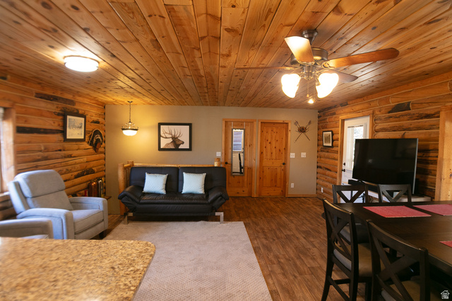 348 North Jakes Pl Road Loa, UT 84747 - Photo 23 of 26 Great room area with log walls, dark wood-style floors, a ceiling fan, and wood ceiling
