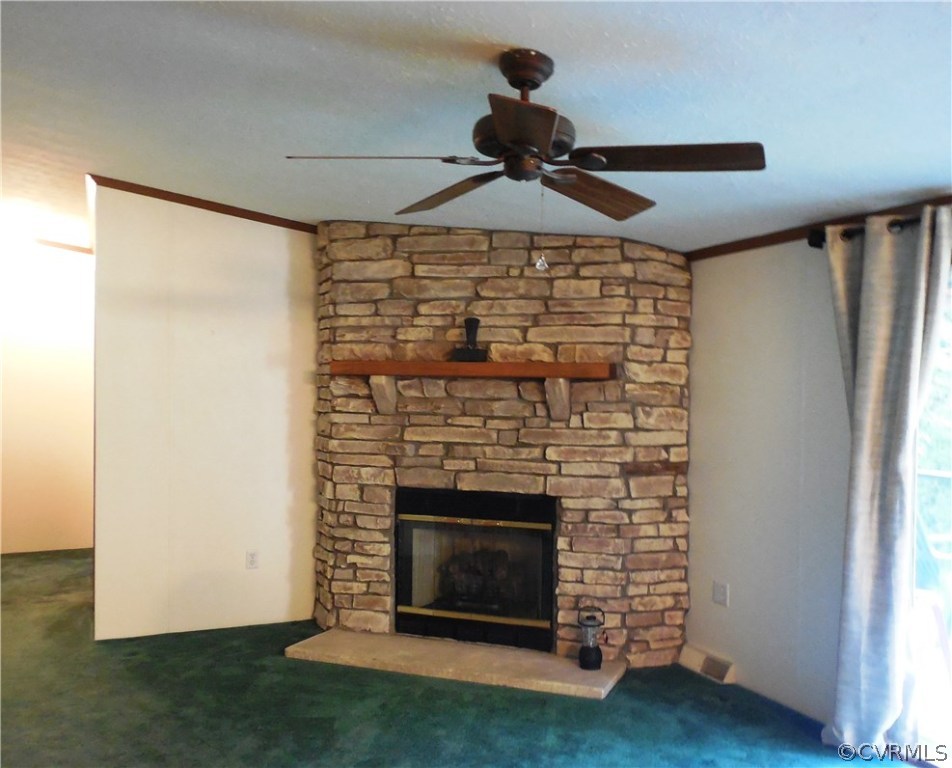 10322 Colemans Lake Road Ford, VA 23850 - Photo 32 of 49 a room with a fireplace and a ceiling fan