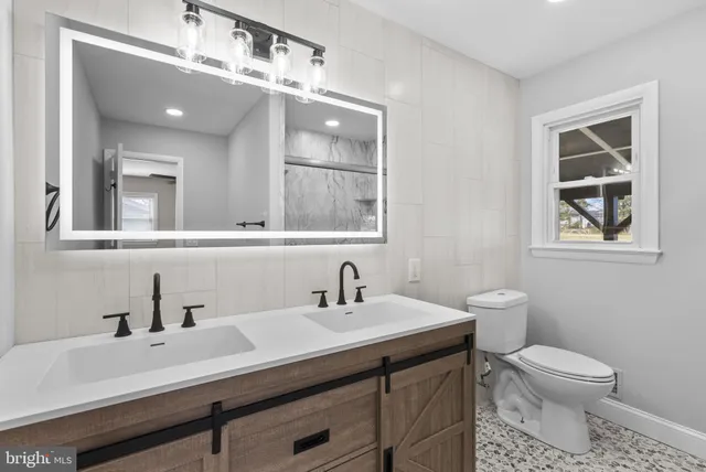a bathroom with a sink toilet and mirror