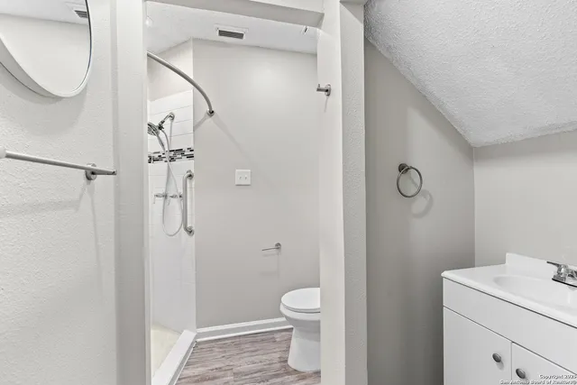 a bathroom with a granite countertop sink toilet and shower