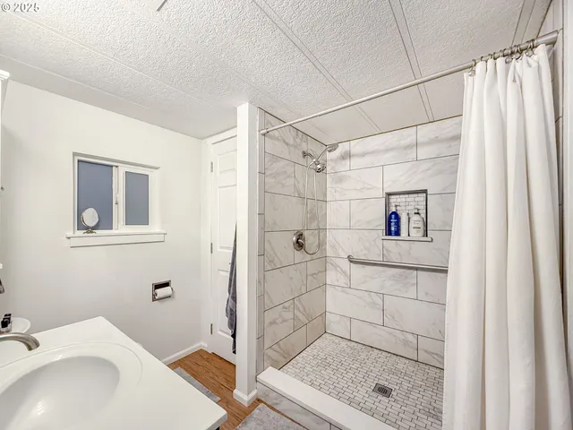 a bathroom with a shower and a sink