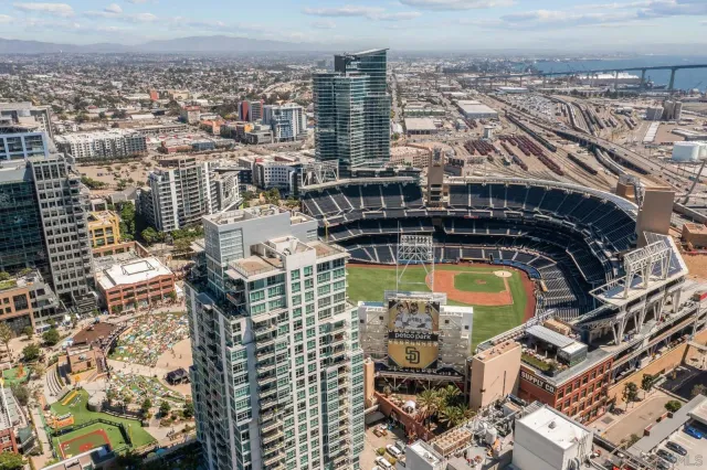 a view of a city with tall buildings