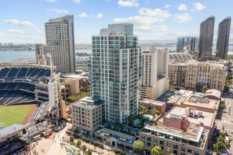 a view of a city with tall buildings