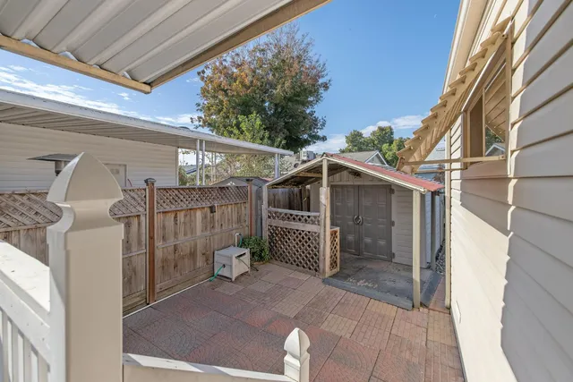 a porch with seating space