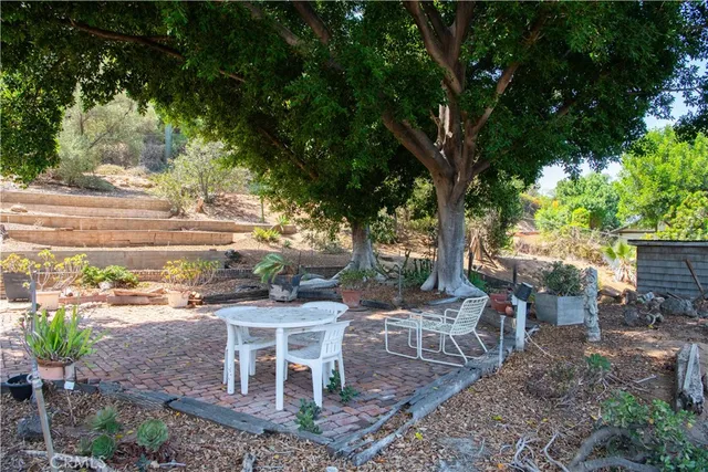 a view of a backyard with sitting area
