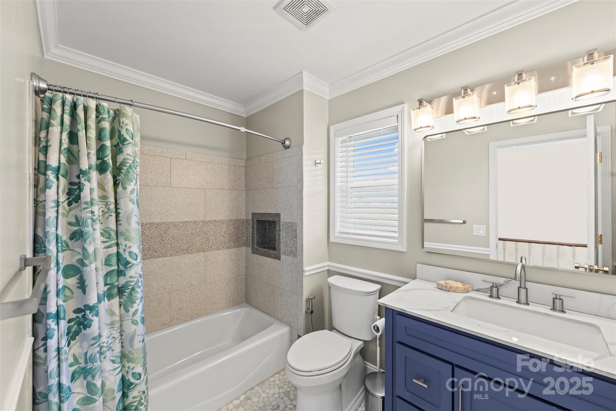 84 Halfmoon Way Clyde, NC 28721 - Photo 25 of 48 a bathroom with a sink a toilet a mirror a bathtub and shower