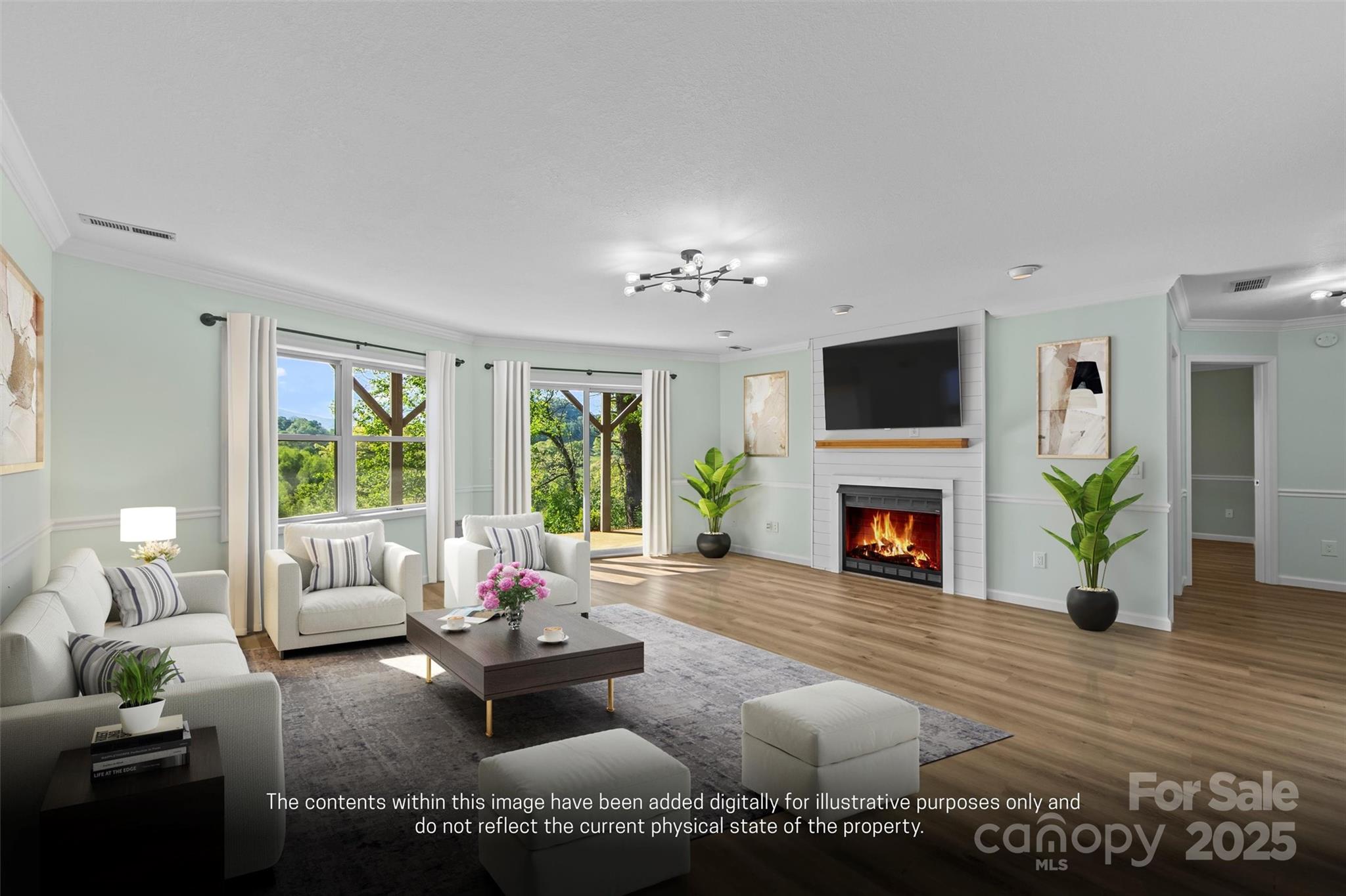 84 Halfmoon Way Clyde, NC 28721 - Photo 30 of 48 a living room with furniture a fireplace and a large window