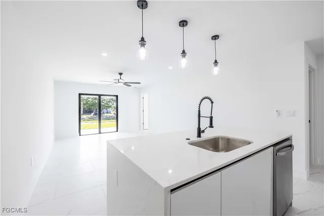 a hallway with cabinets