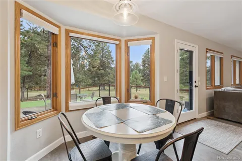 a view of a dining room with furniture window and outside view