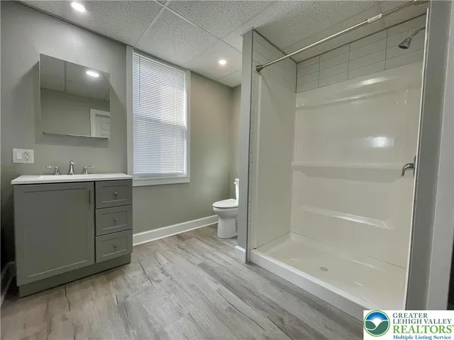 a bathroom with a shower sink vanity and toilet