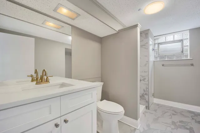 a bathroom with a sink a toilet a mirror and vanity