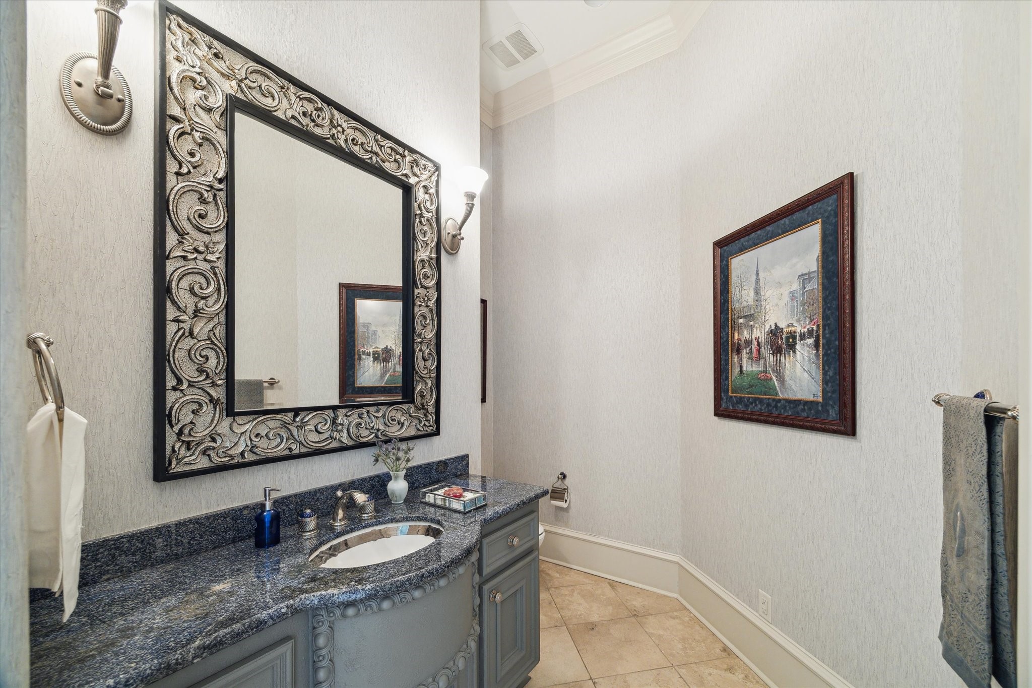 11607 Barazi Oaks Court Houston, TX 77024 - Photo 23 of 43 a bathroom with a granite countertop sink mirror and vanity