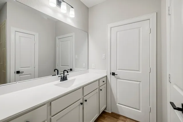 a bathroom with a sink and a mirror