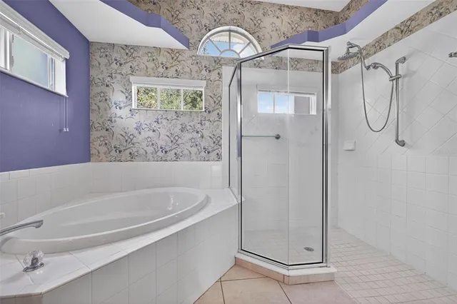 a bathroom with a bath tub and shower