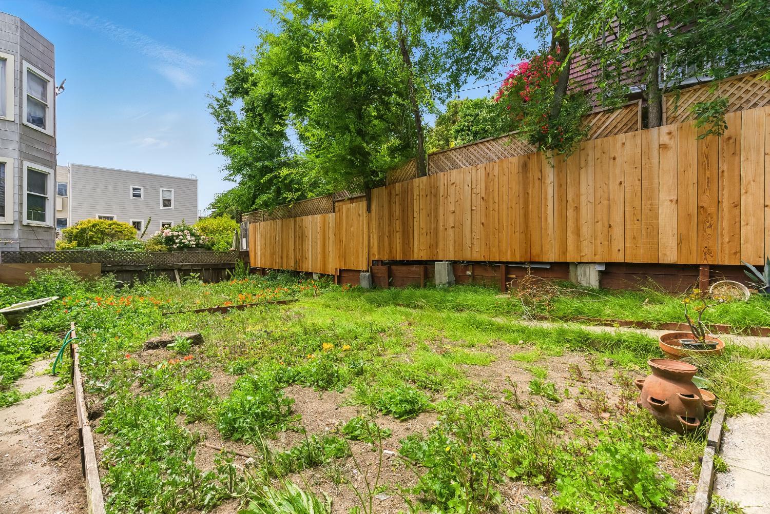 425-429 Steiner Street San Francisco, CA 94117 - Photo 39 of 40 a view of a backyard with potted plants and wooden fence