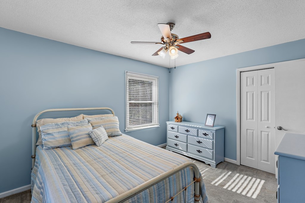 202 Wilton Road Abbeville, SC 29620 - Photo 30 of 35 This cozy bedroom features a ceiling fan, soft carpeting, and a window with natural light.