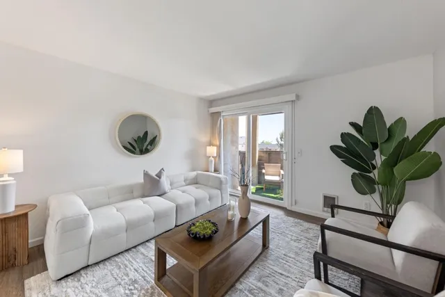 a living room with furniture potted plant and a large window
