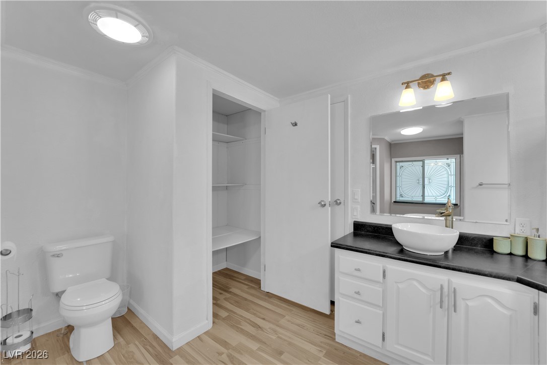 5550 Vicki Ann Road Pahrump, NV 89048 - Photo 16 of 44 Full bath with crown molding, vanity, light wood-type flooring, and a spacious closet