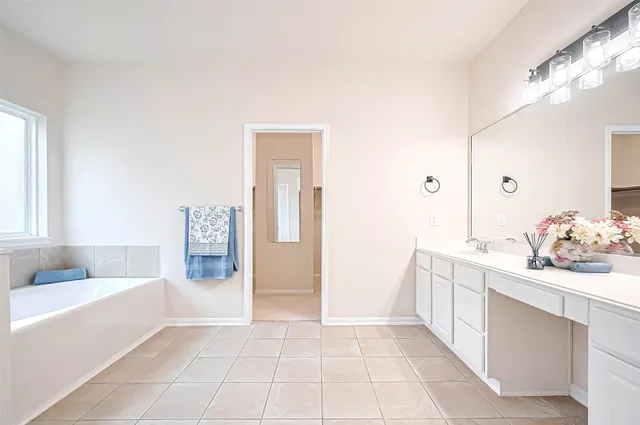 a bathroom with a bathtub sink and mirror
