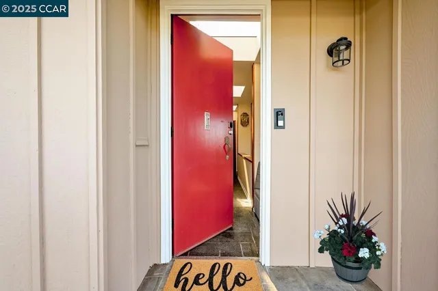 a door with a potted plant on a dresser