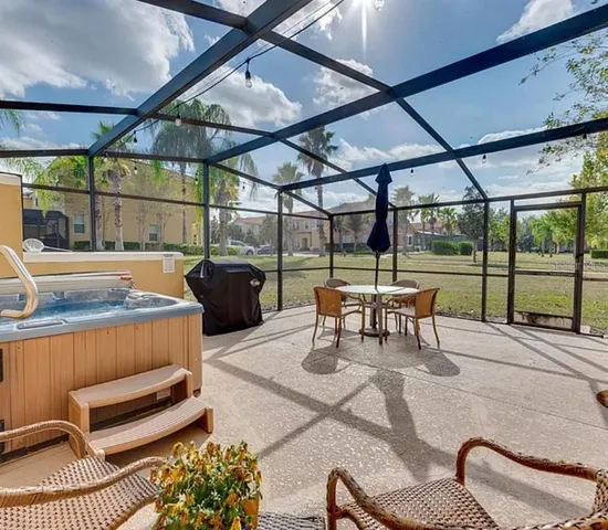 a building outdoor space with seating