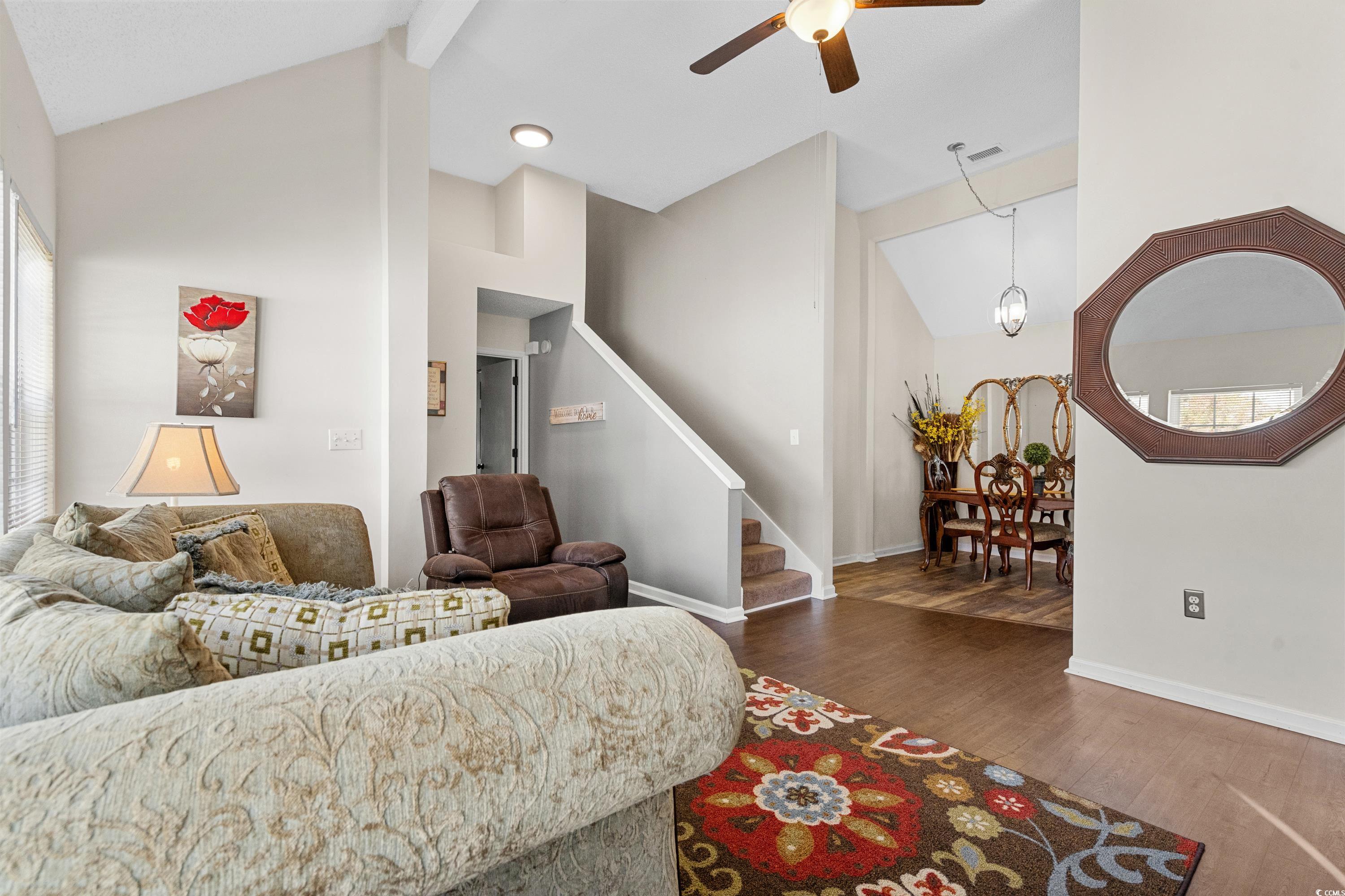 133 Whitehaven Court Myrtle Beach, SC 29577 - Photo 13 of 31 Living room with ceiling fan, high vaulted ceiling