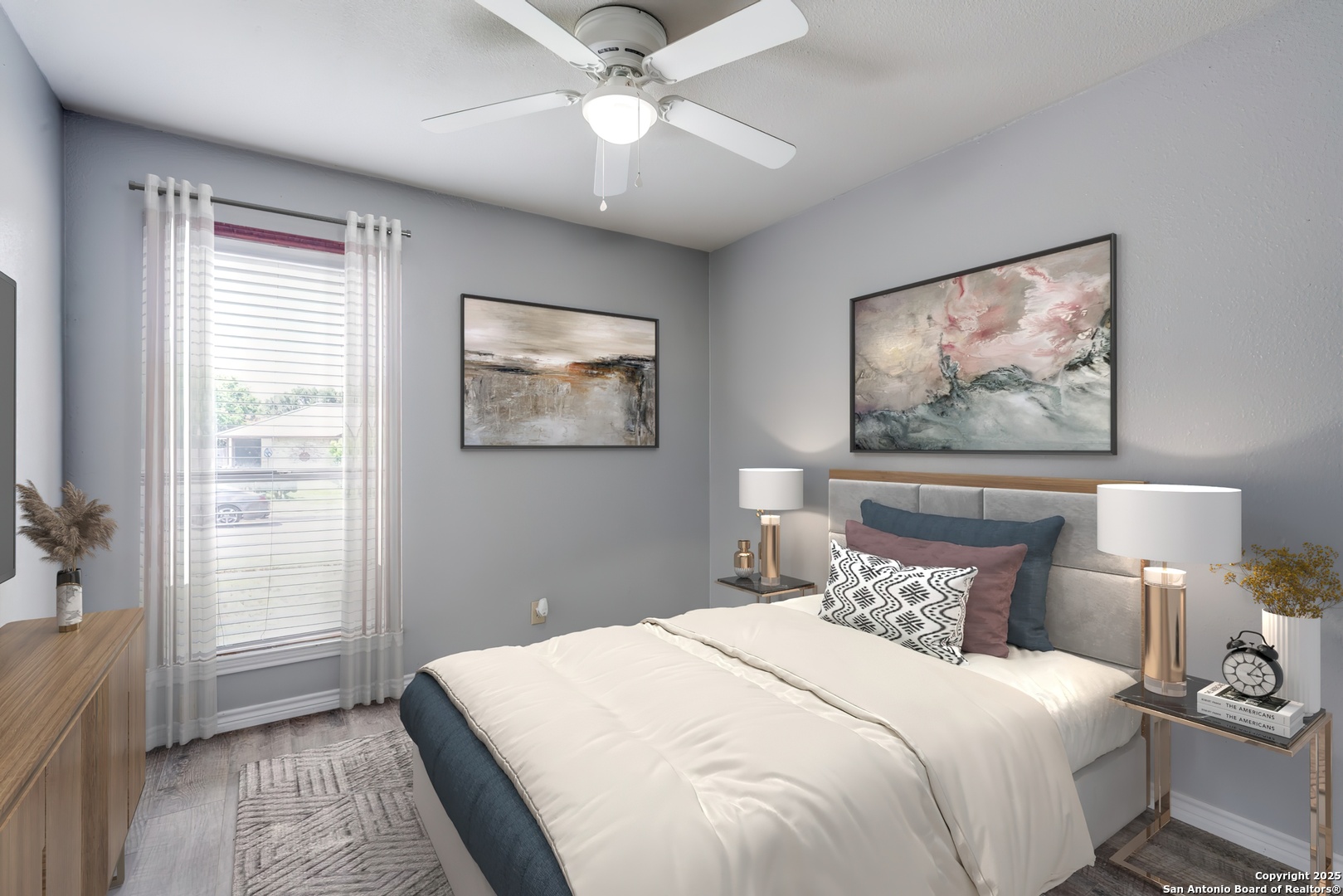 8009 Forest Ash Live Oak, TX 78233 - Photo 26 of 33 a bedroom with a large bed and a chandelier