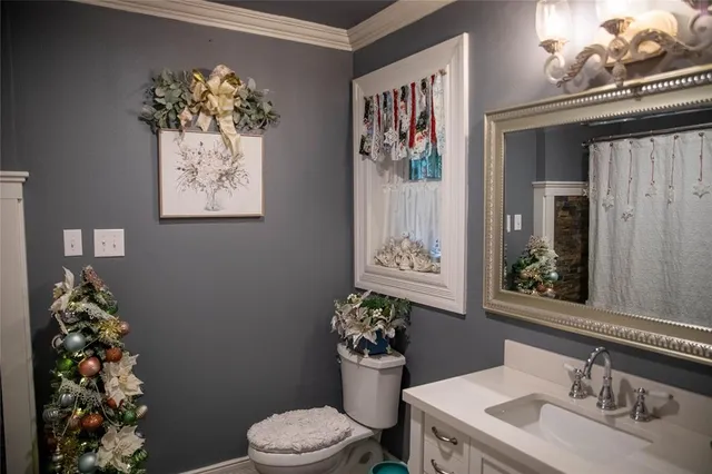a bathroom with a sink mirror and toilet