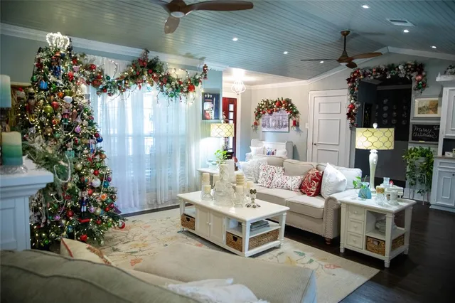 a living room with furniture and a potted plant